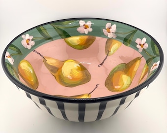 Vintage Droll Designs Hand Painted Ceramic Serving Bowl Pears & Stripes Fruit Bowl Centerpiece  Whimsical Art Pottery Pink 11.25”