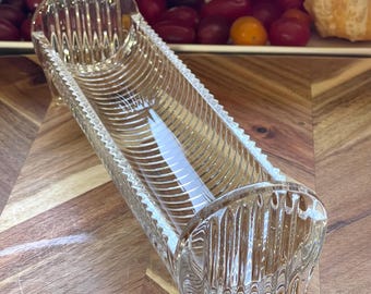 Vintage Godinger Harmony Crystal Cracker Tray Serving Boat Footed Clear Glass Biscuit Dish Mid Century Charcuterie Serveware