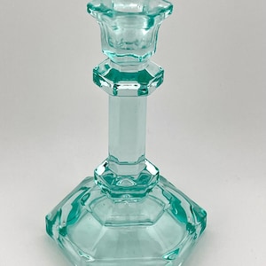 Vintage Aqua Pressed Glass Candlestick Holder Art Deco Hexagonal Column Taper Holder Ice Blue Translucent Glass Centerpiece