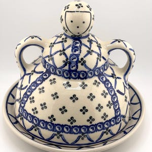Vintage Polish Pottery Cheese Lady 8" Large Butter Keeper Zakłady Ceramiczne Bolesławiec Stoneware Blue & White Folk Art Cheese Dome