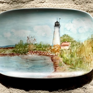 Vintage Hand-Painted Ceramic Lighthouse Serving Platter Coastal Nautical Decorative Tray Signed Folk Art Studio Pottery by Kathy