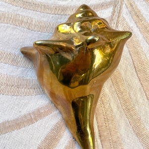 May include: A polished brass conch shell figurine with a smooth, reflective metallic surface. The object features a spiraled top section and a pointed base, showcasing the natural curves and organic shape of a seashell cast in solid metal.