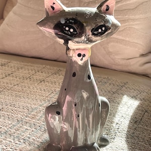 Vintage Signed Studio Art Pottery Long Neck Cat Figurine MCM Hand-Painted Grey Ceramic Kitty Cat Statue 8.5" Tall Retro Kitsch