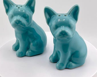 Vintage Ceramic French Bulldog Salt & Pepper Shakers Set Turquoise Blue / Teal Glazed Stoneware Seated Frenchie Table Decor Target