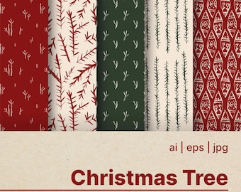 Christmas Tree Seamless Vector Pattern Set | Nordic Holiday Branch And Ornaments Patterns