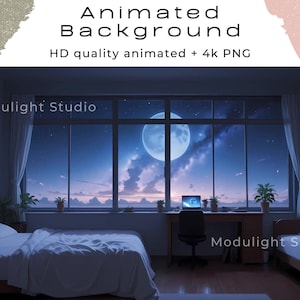 Fond d'écran animé VTuber nuit étoilée | Chambre anime cosy avec particules lumineuses | Vidéo en boucle transparente
