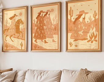 Western Cowgirl Wall Art Set van 3 prenten, Southwestern Desert Decor, rustieke Boho Cactus posters, Minimal Ranch Home Wall Art