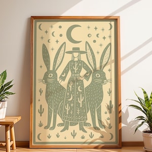 Cowgirl Grün Kunstdruck, Jackrabbit Spirit Guide Poster, Südwestern Mystische Wandkunst, Mondphase Wüste Illustration, Boho Western Dekor