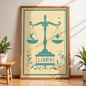 Vågen Zodiac väggkonst, blågrön himmelsk balanstryck, horoskopaffisch för hemmet, linoleumsnitt astrologidekor, Vågens födelsedagspresent, stjärnteckenkonst