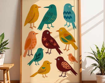 Colorful Birds Wall Art, Modern Folk Art Print, Retro Animal Illustration, Mid Century Bird Poster, Playroom Nature Decor, Nursery Printable