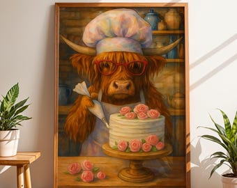 Arte mural de vaca horneando, impresión divertida de decoración de pasteles, póster de cocina de granja, ilustración rústica de vaca, obra de arte caprichosa de chef animal