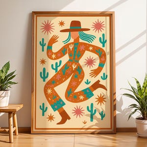 Desert Cowgirl Abstract Wall Art, Southwestern Folk Print, Cactus Boho Poster, Modern Western Illustration, Colorful Country Decor