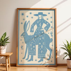 Impression d&#39;art folklorique du sud-ouest, affiche western cowgirl jackrabbit, art mural bohème désert, affiche de cactus de l&#39;ouest, décoration rustique du sud-ouest de la maison
