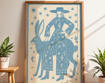 Southwestern Folk Art Print, Western Cowgirl Jackrabbit Poster, Boho Desert Wall Art, Western Cactus Poster, Rustic Southwestern Home Decor