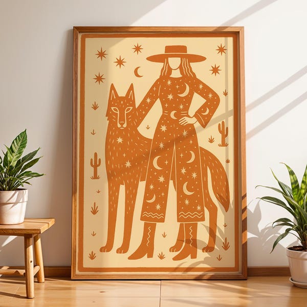 Desert Cowgirl and Wolf Wall Art, Southwestern Folk Print, Celestial Western Illustration, Boho Cowboy Decor, Mystical Desert Printable
