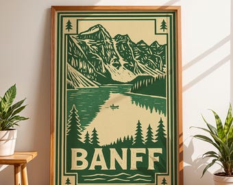Impressão de pôster de viagem de Banff, arte de parede vintage do Canadá, ilustração de paisagem das Montanhas Rochosas, decoração retrô de parque nacional, arte de natureza selvagem