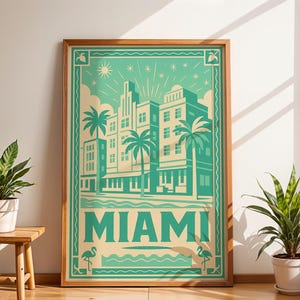 Affiche de voyage rétro de Miami, art mural vintage Floride Art déco, illustration de palmier de South Beach, impression de Floride du milieu du siècle