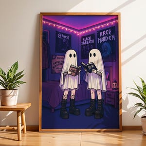 Grunge Ghost Bedroom Poster, Spooky Wall Art Print, Gothic Halloween Room Decor, Alt Ghostcore Aesthetic Illustration
