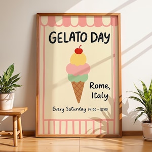 Gelato Wall Art Print, Rome Italy Ice Cream Poster, Pastel Kitchen Decor, Italian Dessert Illustration, Cute Summer Cafe Artwork