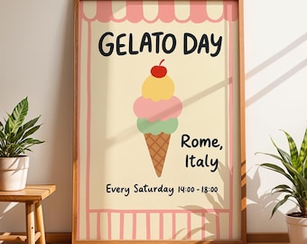 Gelato Wall Art Print, Rome Italy Ice Cream Poster, Pastel Kitchen Decor, Italian Dessert Illustration, Cute Summer Cafe Artwork