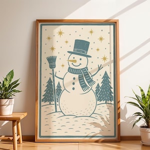 Retro Snowman Christmas Wall Art, Vintage Holiday Print, Mid Century Festive Snowman Poster, Winter Christmas Decor, Folk Art Frosty