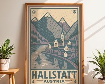 Arte mural de Hallstatt, Austria, póster vintage de viaje alpino, impresión de pueblo de montaña, ilustración retro de paisaje lacustre, decoración de viaje europea