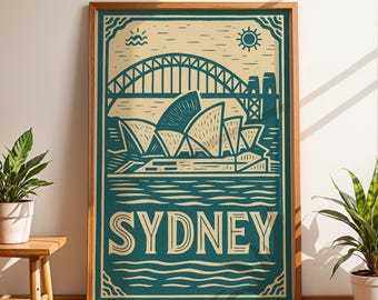 Sydney Australia Travel Poster, Vintage Opera House and Harbour Bridge Wall Art Print, Retro Sydney Skyline Illustration for Home or Office