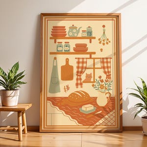 Vintage Kitchen Wall Art, Cozy Farmhouse Bread and Herbs Print, Country Cottage Kitchen Poster Decor, Boho Retro Gingham Illustration