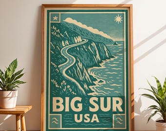 Big Sur-reisposter, retro kunst aan de kust van Californië, vintage print van Highway 1, illustratie van de Stille Oceaan, schilderachtige weg, kustdecor