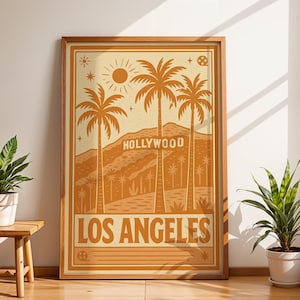 Los Angeles Travel Poster, Vintage Hollywood Sign Wall Art Print, Retro California Palm Tree Illustration, LA City Poster for Home or Office