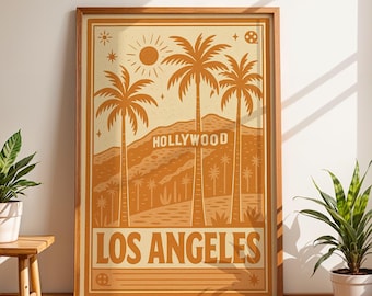 Los Angeles Travel Poster, Vintage Hollywood Sign Wall Art Print, Retro California Palm Tree Illustration, LA City Poster for Home or Office