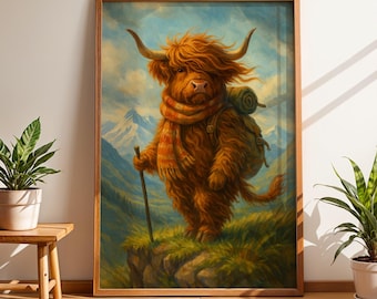 Highland Cow Hiking Wall Art, Funny Cow Print with Scarf, Mountain Adventure Poster, Rustic Cabin Wall Decor, Whimsical Animal Lover Gift