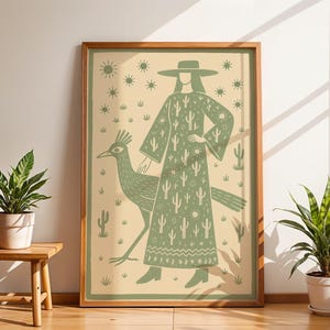 Impression d&#39;art Roadrunner du sud-ouest, affiche d&#39;art folklorique cow-girl bohème, art mural ciel étoilé du désert, illustration de décoration d&#39;intérieur western bohème rustique