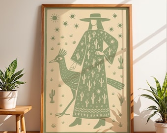 Southwest Roadrunner Art Print, Boho Cowgirl Folk Art Poster, Desert Starry Sky Wall Art, Rustic Boho Western Home Decor Illustration