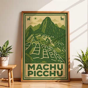 Machu Picchu Travel Poster, Retro Peru Wall Art, Vintage Inca Ruins Print, Andes Mountains Illustration, South America Travel Decor
