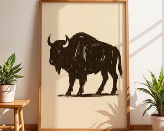 Bison Wandbild, rustikales Western-Dekor, Büffel Silhouette, Wildes Prärietier Poster, Vintage Bauernhaus Illustration