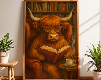 Highland Cow Reading Wall Art, Funny Cow Print with Glasses, Cozy Library Decor, Rustic Farmhouse Poster, Whimsical Animal Lover Gift