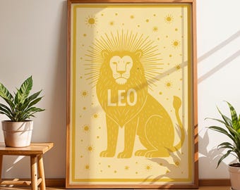 Leo Zodiac Wall Art, Yellow Lion Horoscope Print, Celestial Linocut Astrology Poster, Bold Sun Sign Decor, Leo Birthday Gift for Home
