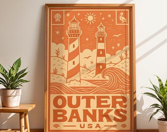 Puede incluir: Un póster enmarcado con una ilustración de estilo vintage de dos faros, olas y el texto "Outer Banks USA" en colores naranja y crema. La obra de arte está sobre un fondo naranja claro.
