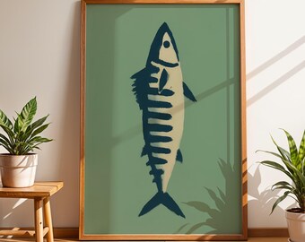 Mackerel Fish Wall Art, Coastal Kitchen Decor, Minimalist Sea Life Print, Green Nautical Poster, Ocean-Inspired Beach House Artwork
