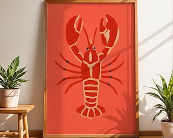 May include: A framed art print featuring a stylized red lobster illustration on a coral background. The lobster has cream-colored accents and blue details. The wooden frame complements the artwork, suitable for coastal or nautical decor.