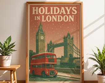 London Christmas Wall Art, Vintage Holiday Travel Poster, Red Bus Big Ben Print, Retro Tower Bridge Decor, Snowy London Illustration