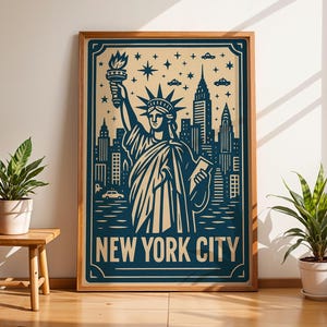 New York City Travel Poster Print, Vintage USA Wall Art, Statue of Liberty Illustration, Retro NYC Skyline Artwork, American City Decor