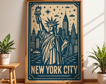New York City Travel Poster Print, Vintage USA Wall Art, Statue of Liberty Illustration, Retro NYC Skyline Artwork, American City Decor