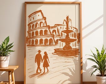 Rome Colosseum Wall Art, Painted Italy Silhouette Print, Romantic Travel Poster, Vintage Brushstroke European Decor, Rome Couple Artwork