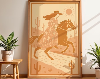 Impresión artística de vaquera a caballo del oeste, decoración de pared del desierto del suroeste, póster rústico bohemio de cactus, ilustración de caballo del oeste