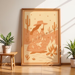Western Cowgirl Campfire Art Print, Desert Night Wall Decor, Southwestern Cactus Poster, Rustic Western Girl Illustration, Boho Wall Art