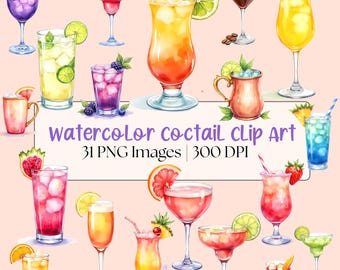 Watercolor Cocktail Clip Art Bundle, Tropical Drink PNG Set, Summer Party Illustrations, Margarita Martini Art, Bar Drink Graphics, 31 PNGs