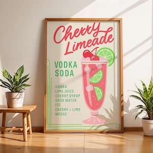 Cherry Limeade Vodka Soda Cocktail Wall Art Print, Retro Recipe Poster Kitchen Bar Cart Decor, Summer Cherry Lime Drink Printable Download