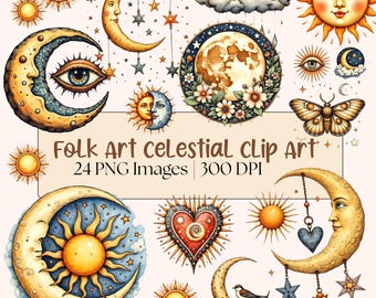 Puede incluir: Colección de imágenes prediseñadas celestiales de arte popular con soles, lunas, estrellas y nubes. Las ilustraciones son de estilo acuarela con colores cálidos, incluyendo amarillo, naranja y azul. El texto dice "Folk Art Celestial Clip Art, 24 PNG Images, 300 DPI."